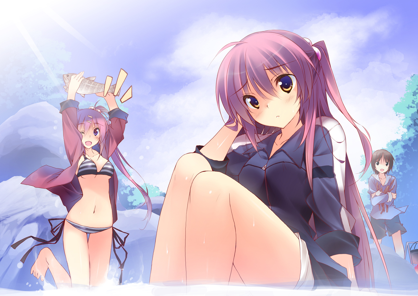 animal, bikini, fish, futaki_kanata, kuwashima_rein, little_busters!, naoe_riki, purple_hair