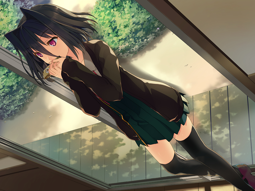akinashi_yuu, black_hair, game_cg, instrument, koi_to_senkyo_to_chocolate, morishita_michiru, pink_eyes, school_uniform, short_hair, thighhighs