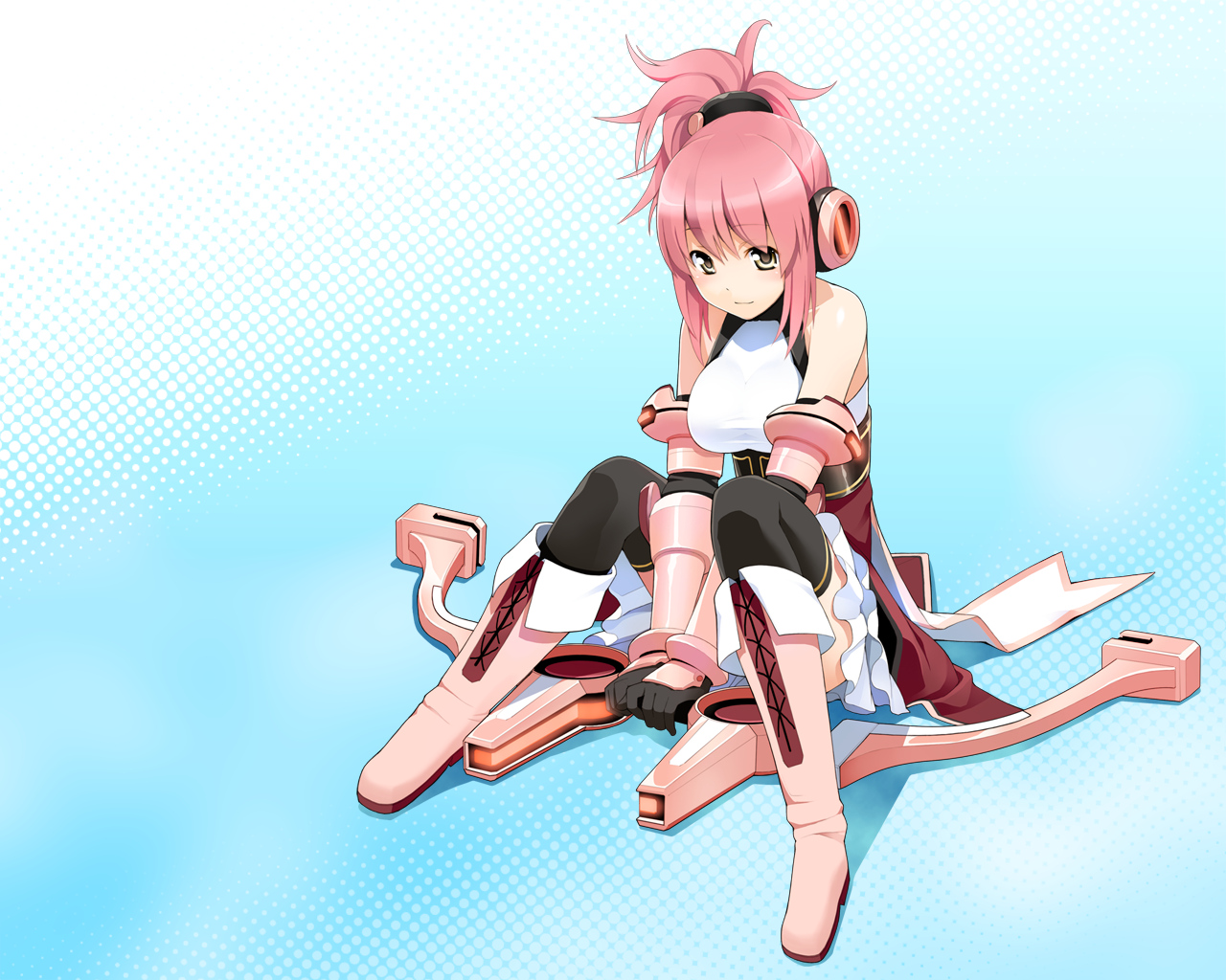 boots, bow_(weapon), brown_eyes, cosmic_break, melfi, pink_hair, short_hair, skirt