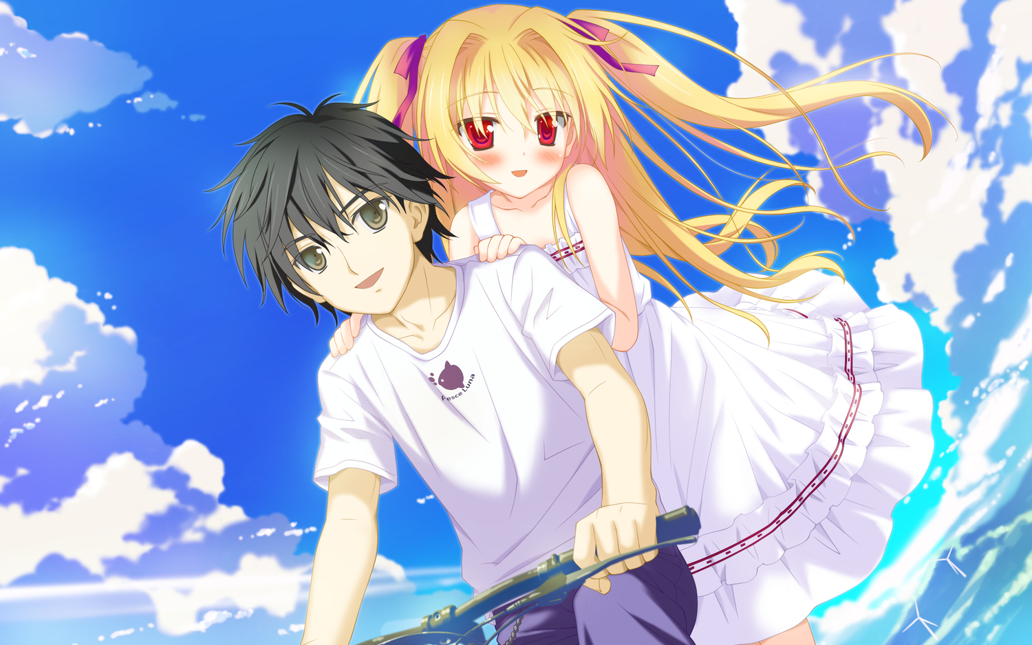 black_hair, blonde_hair, brown_eyes, clouds, favorite, game_cg, irotoridori_no_sekai, kanoue_yuuma