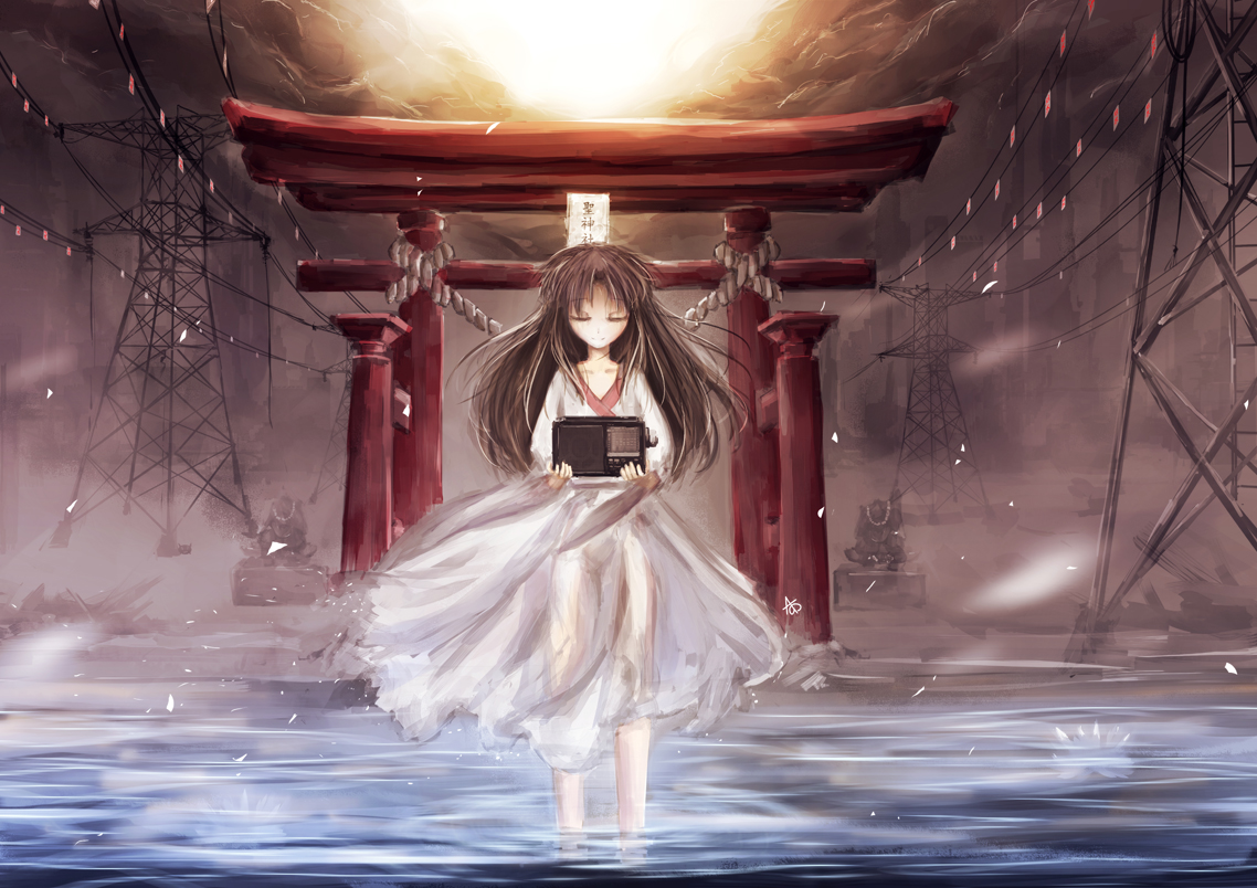 arufa_(hourai-sugar), brown_hair, dress, hijiri_byakuren, petals, see_through, touhou, water