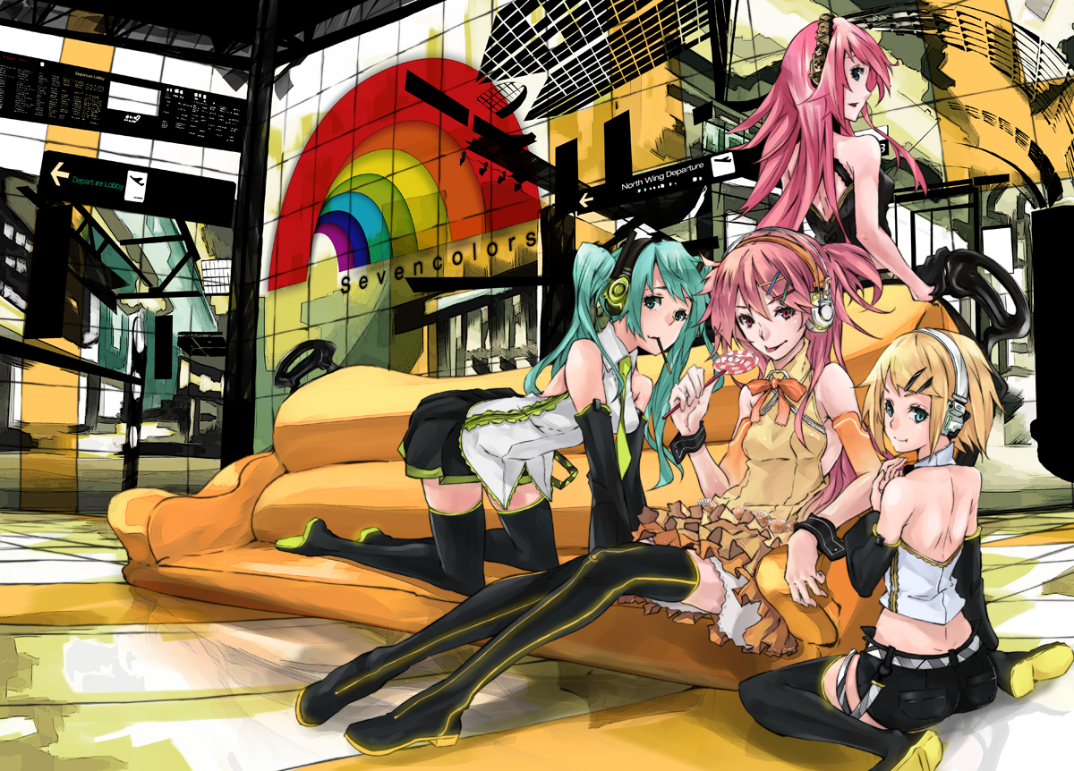 hatsune_miku, headphones, kagamine_rin, megurine_luka, mirre, nanase_kanon, thighhighs, twintails