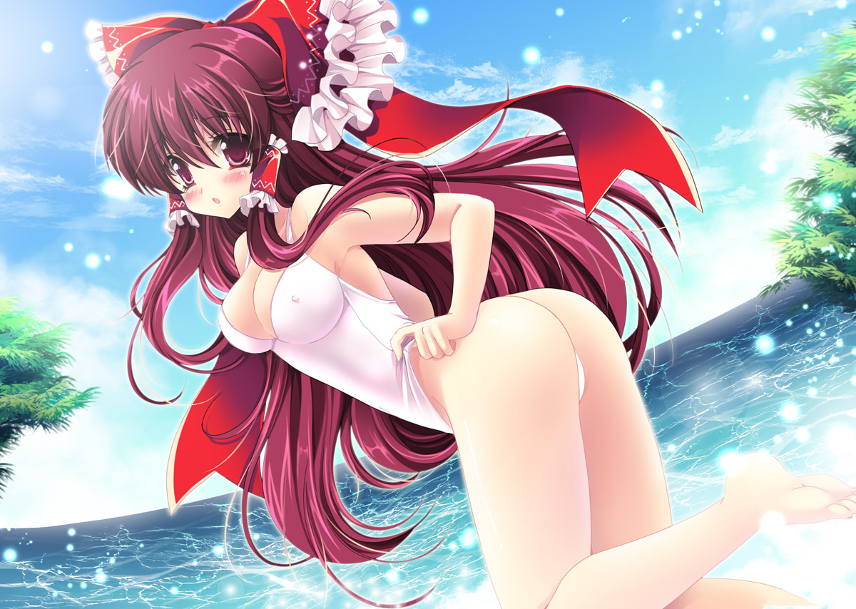 ass, blush, bow, breasts, brown_hair, cleavage, erect_nipples, hakurei_reimu