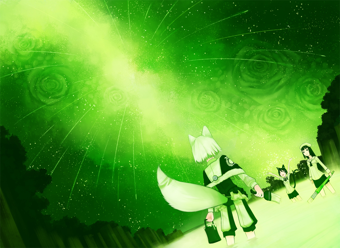 animal_ears, black_hair, catgirl, forest, foxgirl, green, haruno, hat, night, original, stars, tail, tree, white_hair