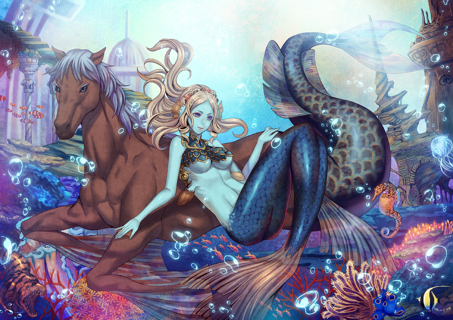 animal, blonde_hair, blue_eyes, breasts, bubbles, fish, fujimaru, horse