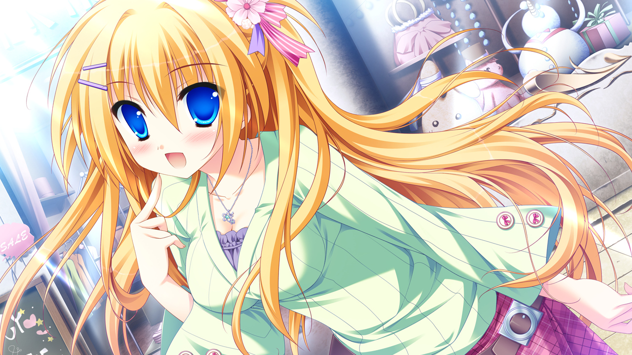blonde_hair, blue_eyes, diamic_days, game_cg, hatsushiba_kisa, long_hair, lump_of_sugar, necklace, sesena_yau
