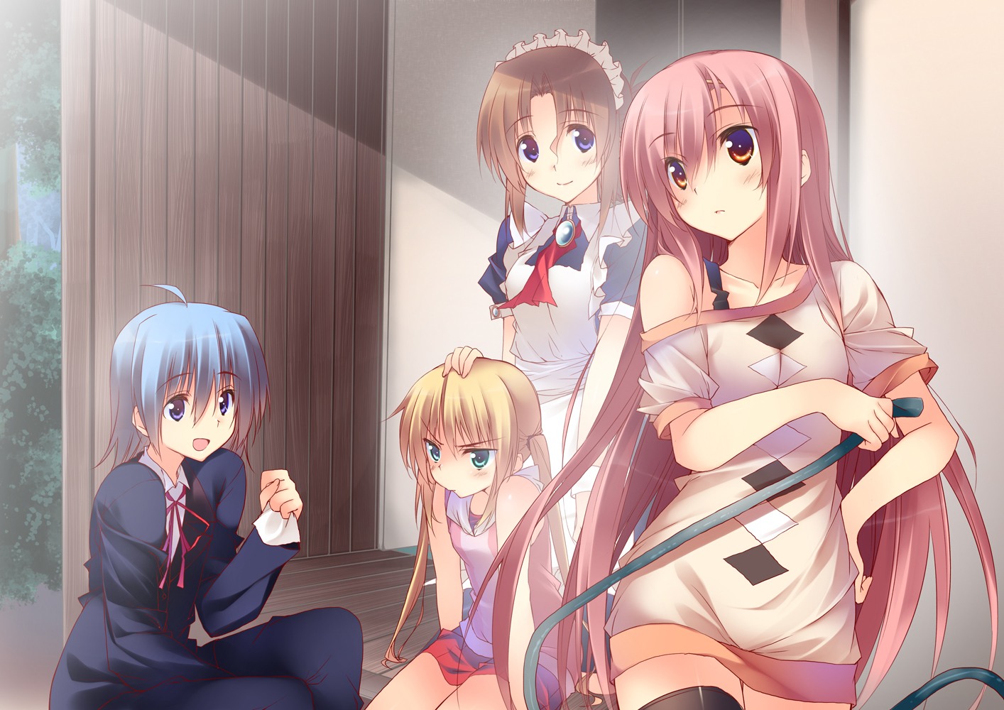 ayasaki_hayate, blonde_hair, blue_hair, brown_hair, dress, group, hayate_no_gotoku, katsura_hinagiku, kuwashima_rein, long_hair, maid, male, maria_(hayate_no_gotoku), pink_hair, sanzenin_nagi