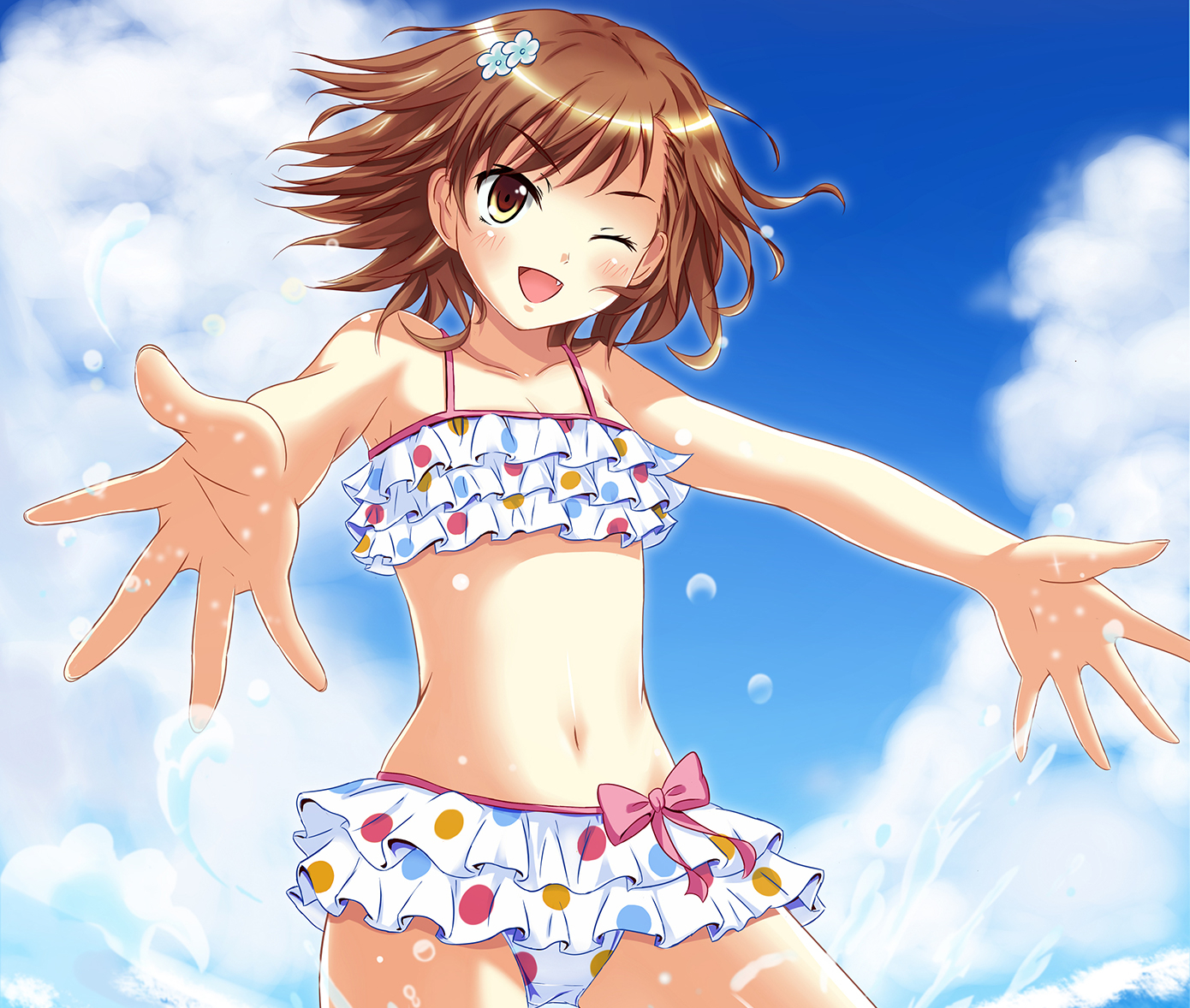 blush, breasts, brown_eyes, brown_hair, cleavage, fang, kamiko_to_seiryoku, misaka_mikoto