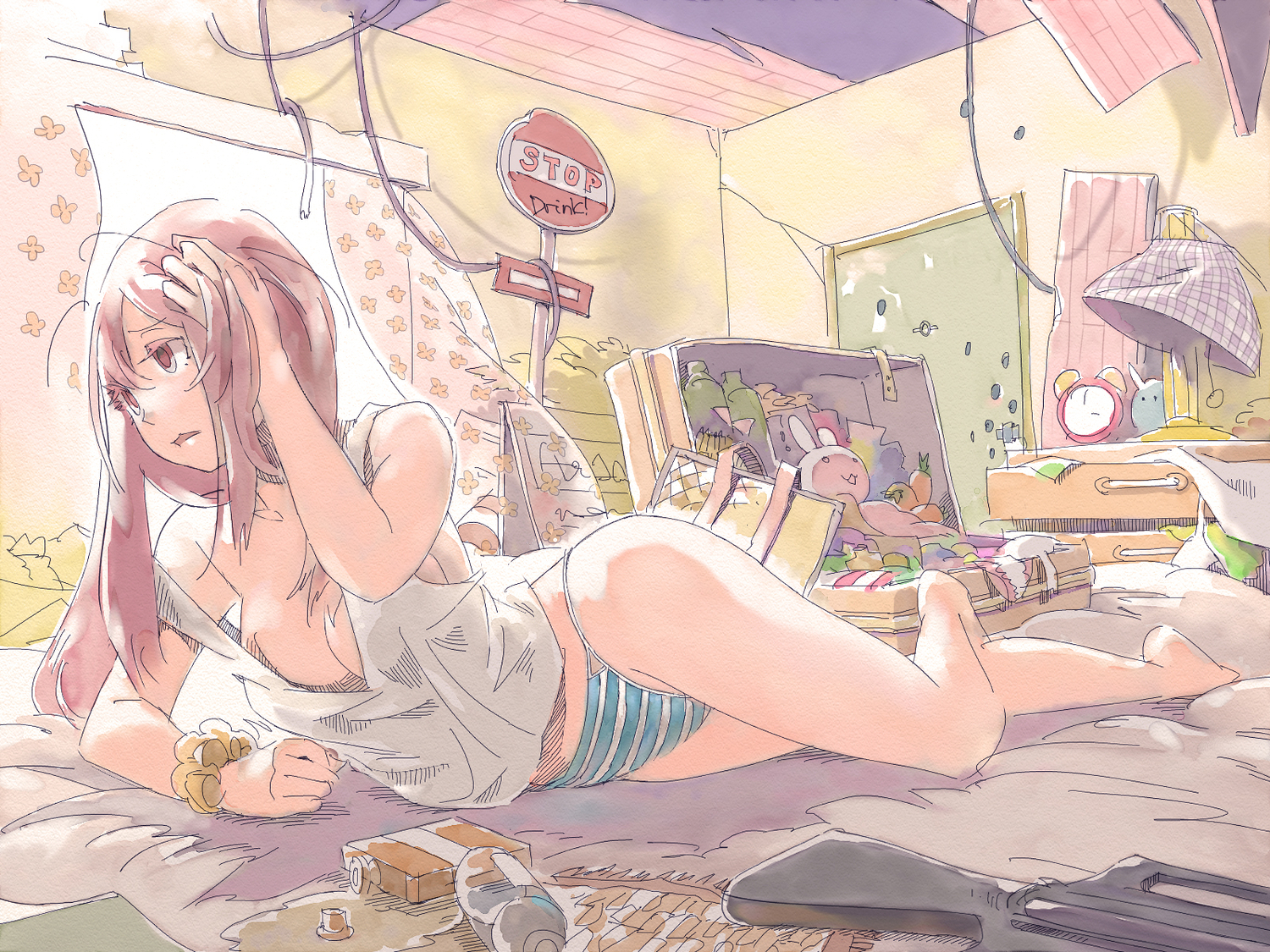breasts, cleavage, gun, long_hair, original, panties, pink_hair, risa_hibiki, striped_panties, underwear, weapon