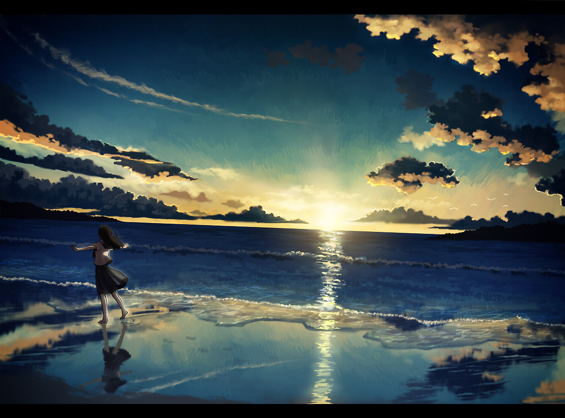 amemura_(caramelo), barefoot, beach, clouds, original, scenic, school_uniform, sky