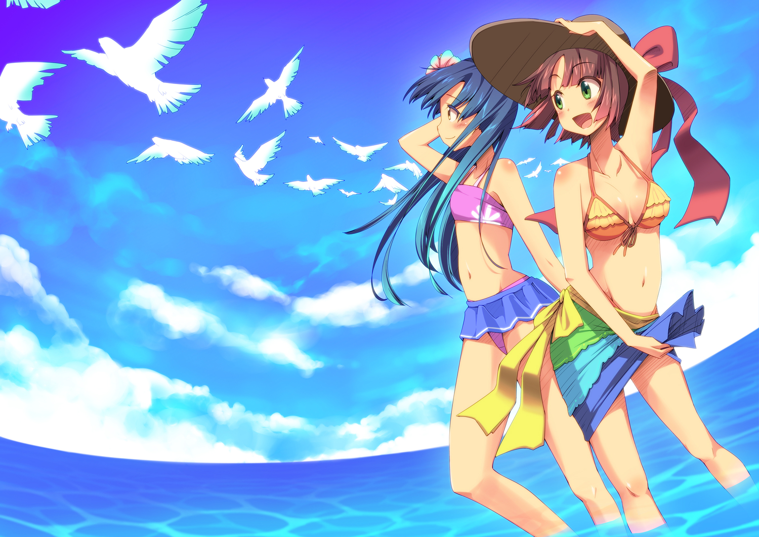 2girls, amami_haruka, animal, bikini, bird, blue_hair, bon_(moegomi), breasts, brown_hair, cleavage, flowers, green_eyes, hat, idolmaster, kisaragi_chihaya, long_hair, short_hair, skirt, swimsuit, water, yellow_eyes