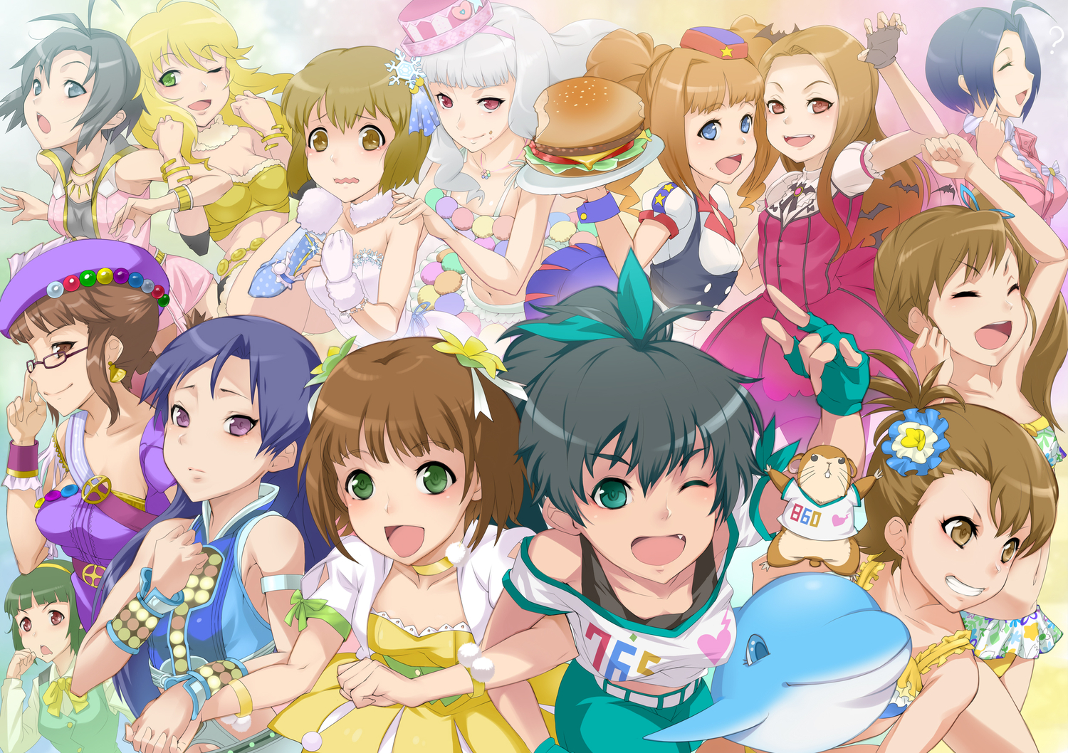 akizuki_ritsuko, amami_haruka, animal, don_michael, dress, food, futami_ami, futami_mami, ganaha_hibiki, group, hagiwara_yukiho, hat, hoshii_miki, idolmaster, kikuchi_makoto, kisaragi_chihaya, minase_iori, miura_azusa, otonashi_kotori, shijou_takane, tagme, takatsuki_yayoi, twins, wink