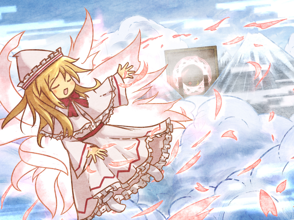 akihiyo, blonde_hair, blush, clouds, dress, fairy, lily_white, touhou