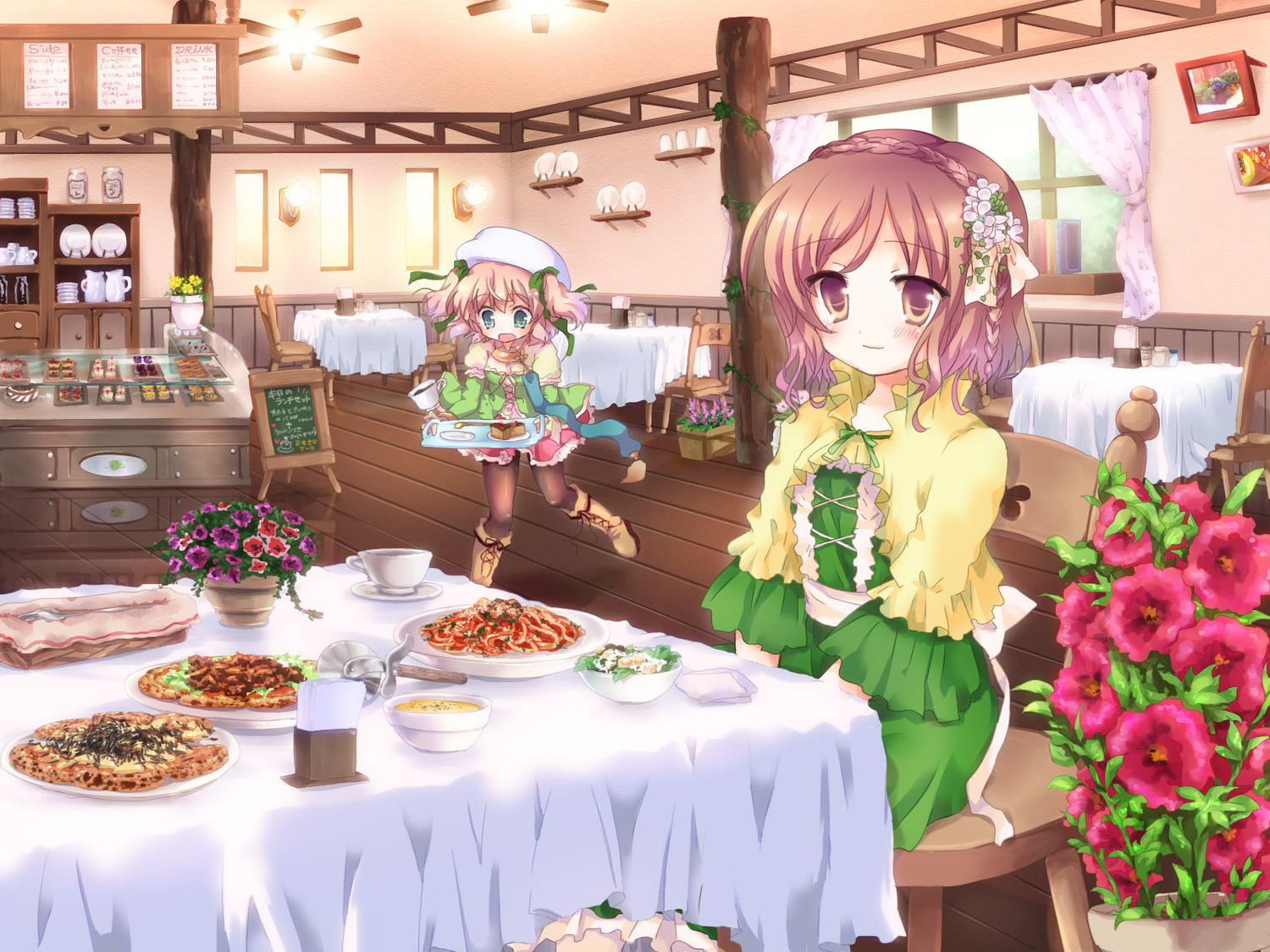 brown_hair, dress, flowers, food, hizukiryou, original