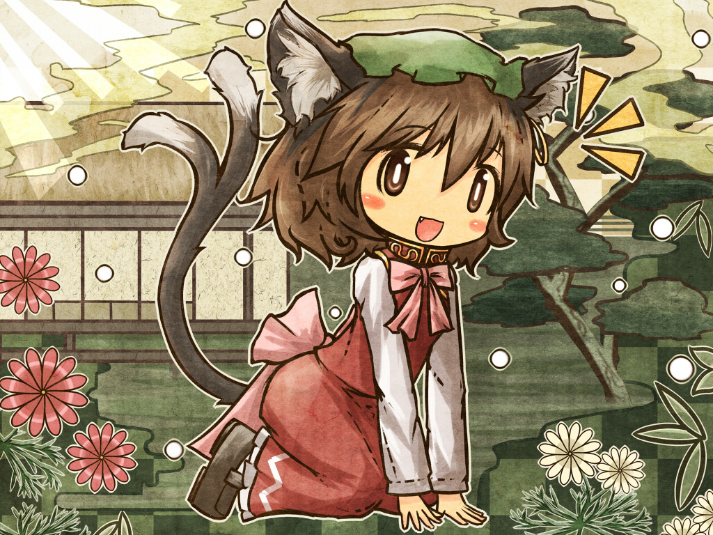 akihiyo, animal_ears, bow, brown_eyes, brown_hair, catgirl, chen, fang