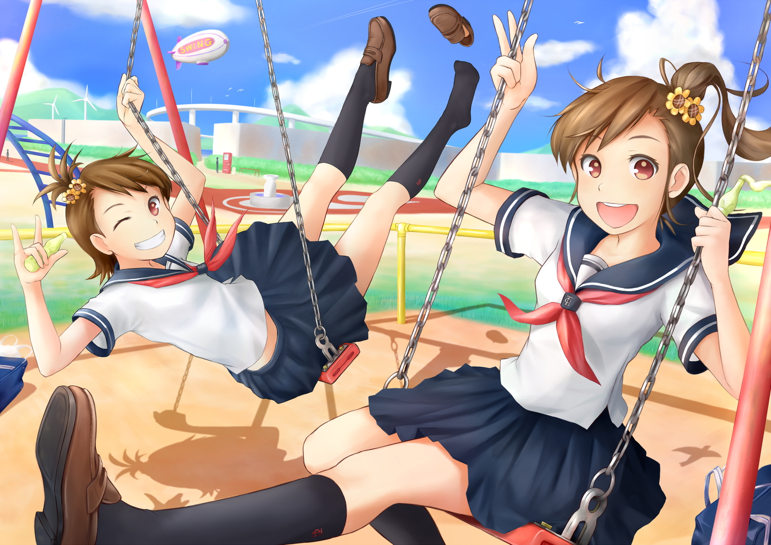brown_eyes, brown_hair, futami_ami, futami_mami, idolmaster, kneehighs, patricia_(shooooter5), school_uniform
