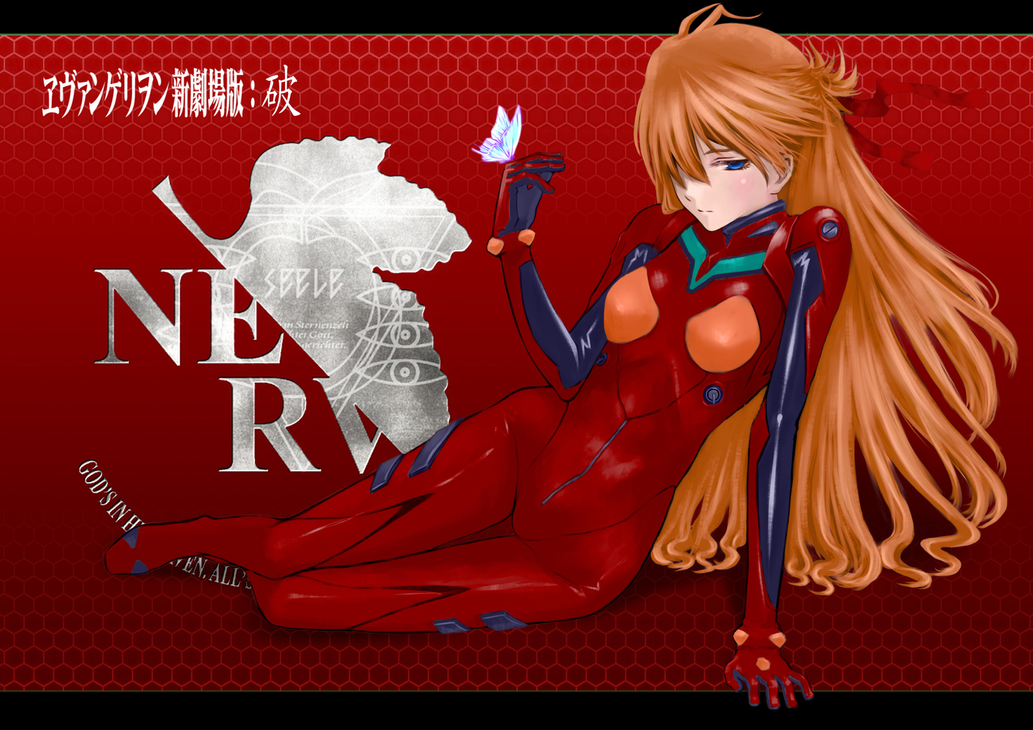 blue_eyes, bodysuit, butterfly, heiyuen, long_hair, neon_genesis_evangelion, orange_hair, skintight