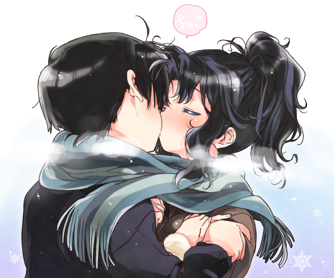 amagami, black_hair, kiss, midori_kouichi, scarf, tachibana_jun'ichi, tanamachi_kaoru