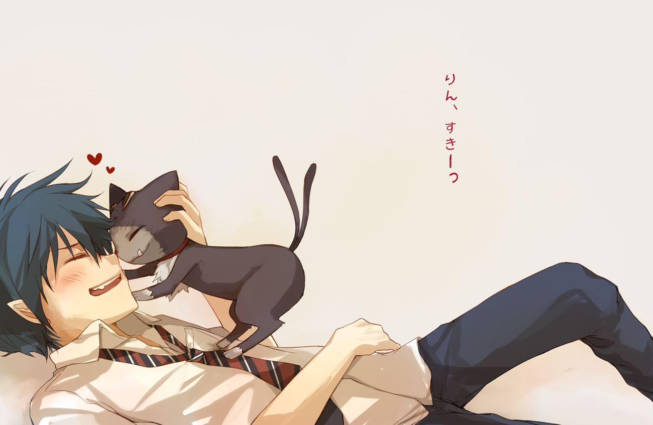 all_male, animal, ao_no_exorcist, blue_hair, blush, cat, kuro_(ao_no_exorcist), male