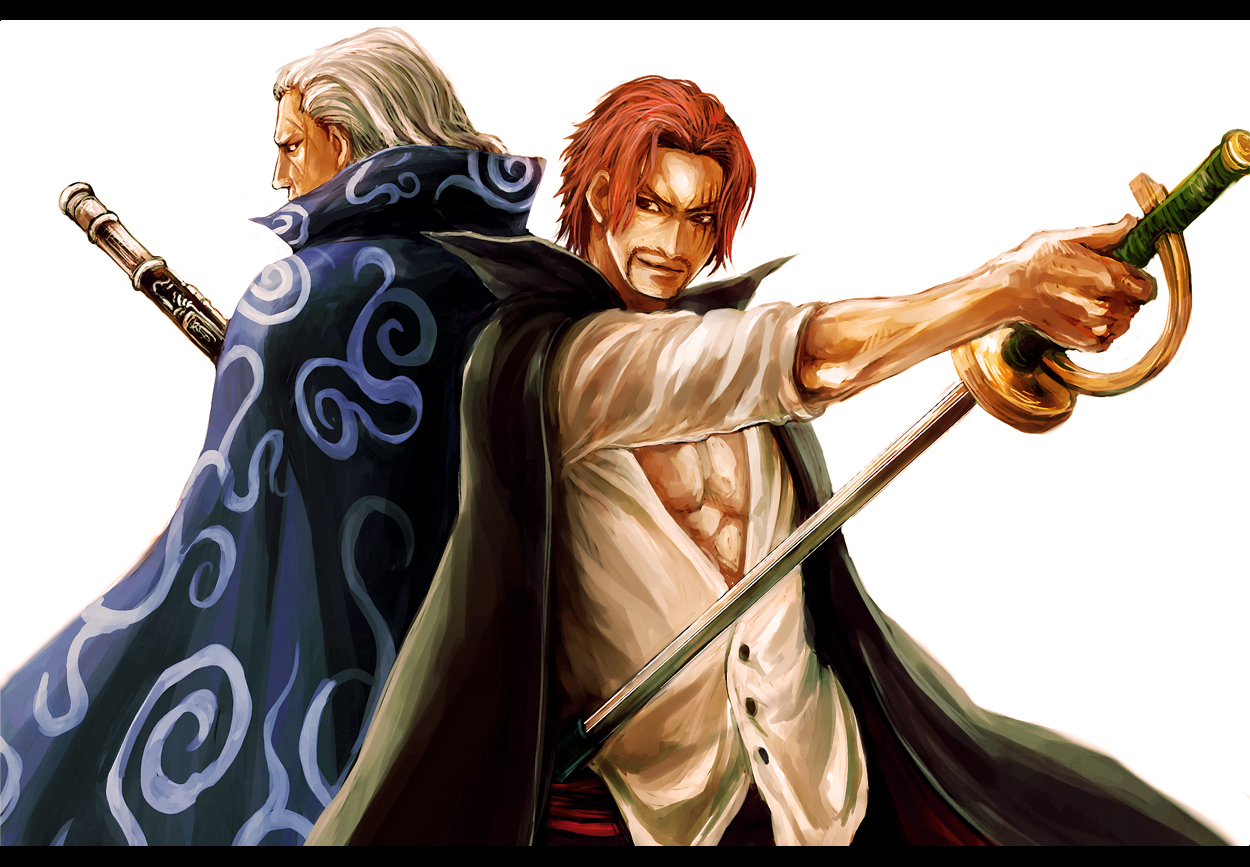 all_male, ben_beckman, cape, gun, male, one_piece, red_eyes, red_hair, scar, shanks, sword, tsuyomaru, weapon, white_hair