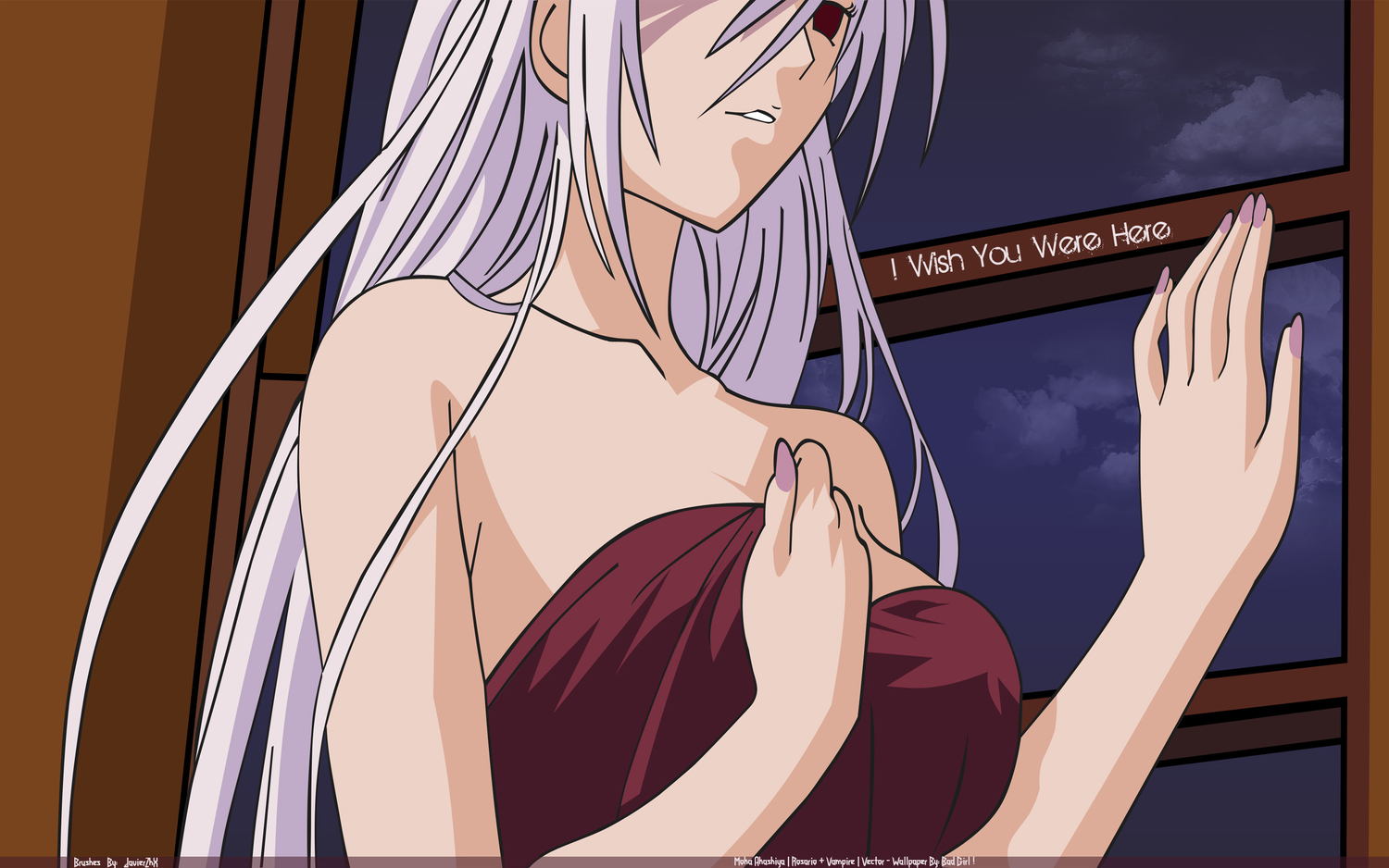 akashiya_moka, close, long_hair, nude, red_eyes, rosario+vampire, vampire, vector