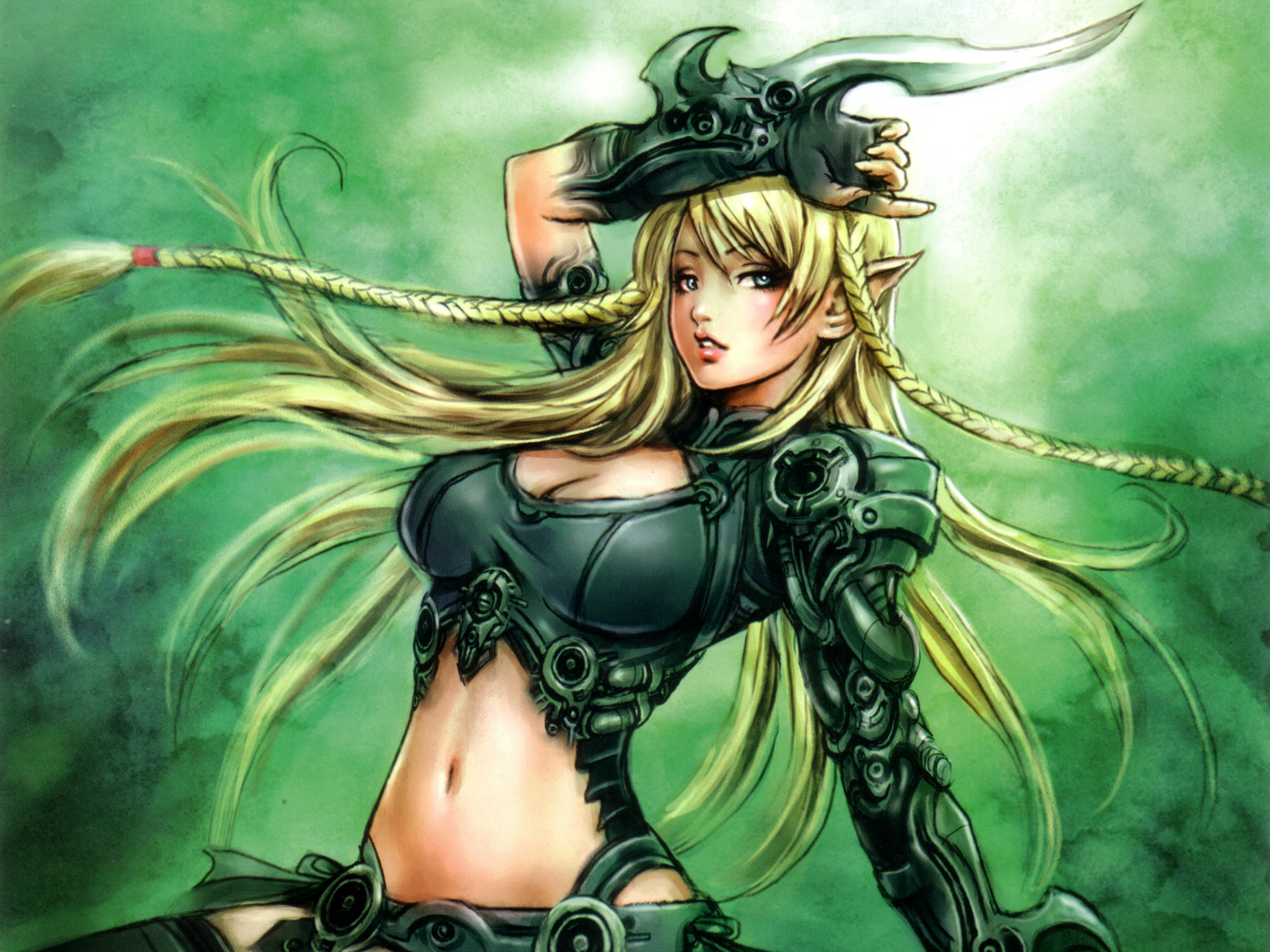armor, blonde_hair, long_hair, pointed_ears, weapon, yamashita_shunya