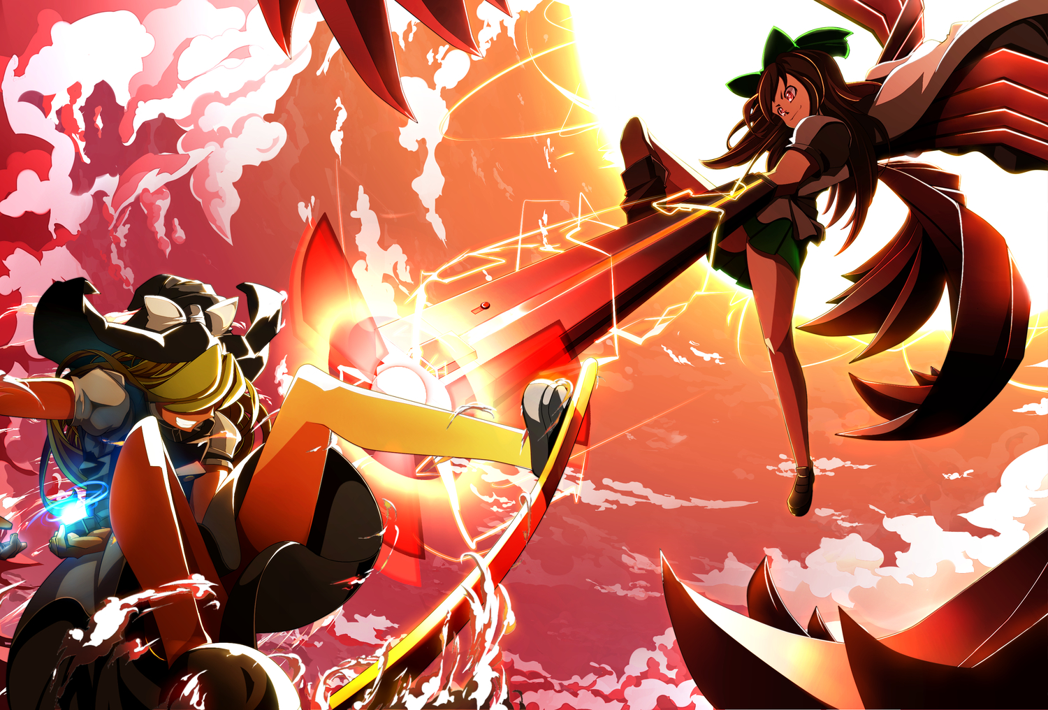 2girls, black_hair, blonde_hair, bow, hat, kirisame_marisa, long_hair, magic