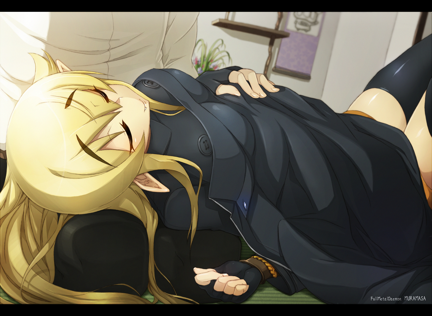 animal_ears, ashikaga_chachamaru, blonde_hair, dougan_calpis_con, fang, gloves, pointed_ears, sleeping, soukou_akki_muramasa, thighhighs