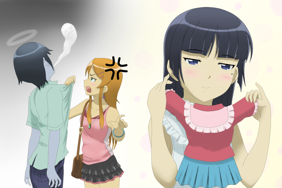 bi_no_ossan, black_eyes, black_hair, blonde_hair, blush, gokou_ruri, green_eyes, kousaka_kirino
