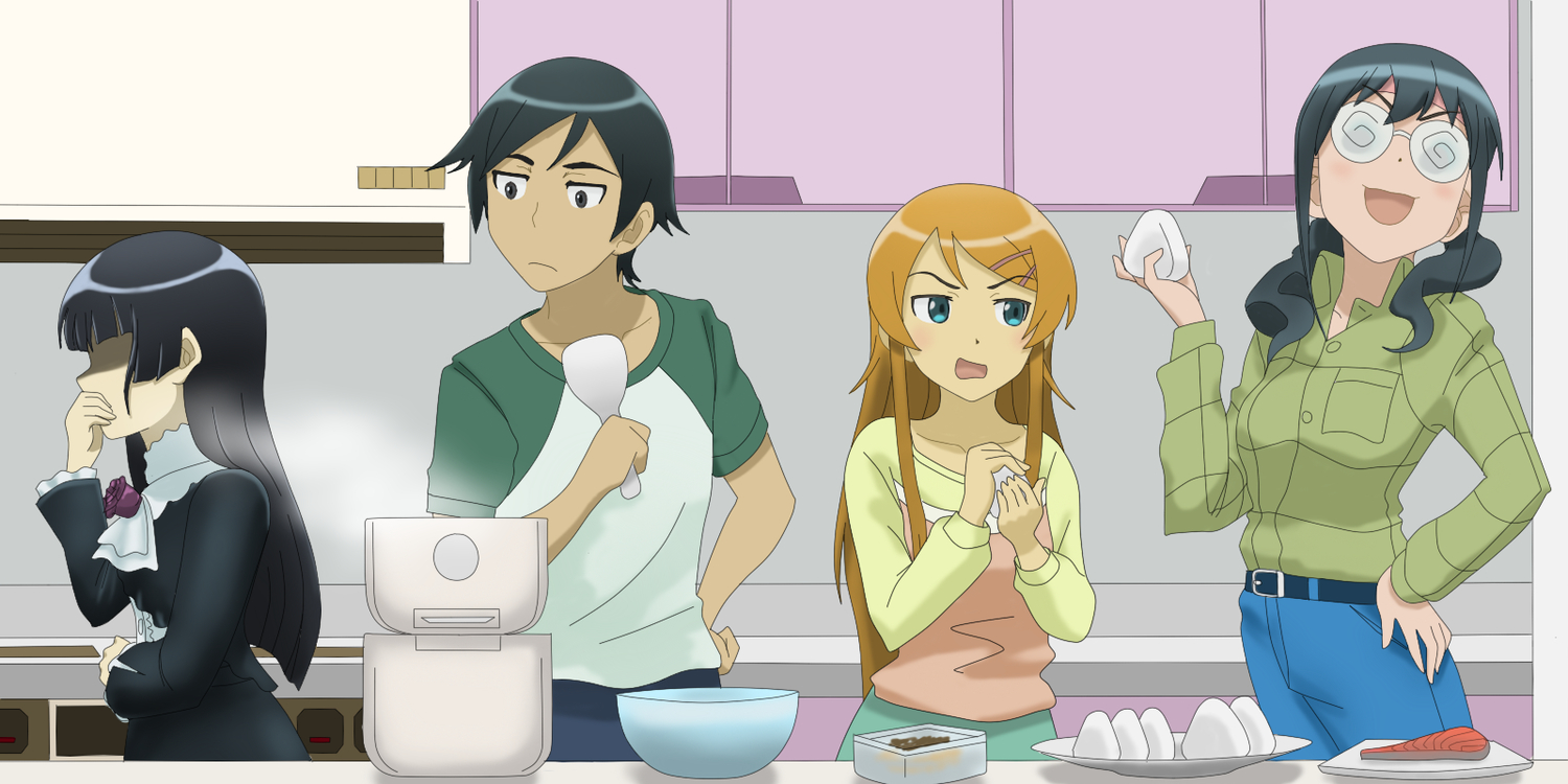 bi_no_ossan, black_hair, blonde_hair, food, glasses, gokou_ruri, green_eyes, group, kousaka_kirino, kousaka_kyousuke, lolita_fashion, long_hair, makishima_saori, male, ore_no_imouto_ga_konna_ni_kawaii_wake_ga_nai
