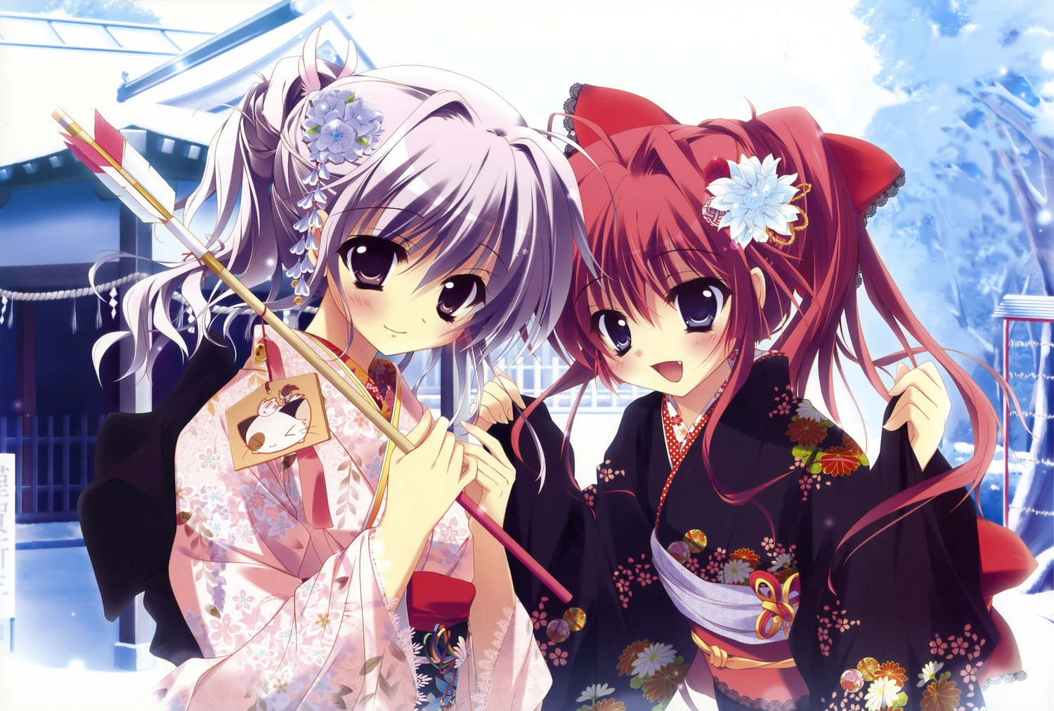 2girls, amaha_miu, fang, gray_hair, inui_sana, izumi_tsubasu, japanese_clothes, kimono