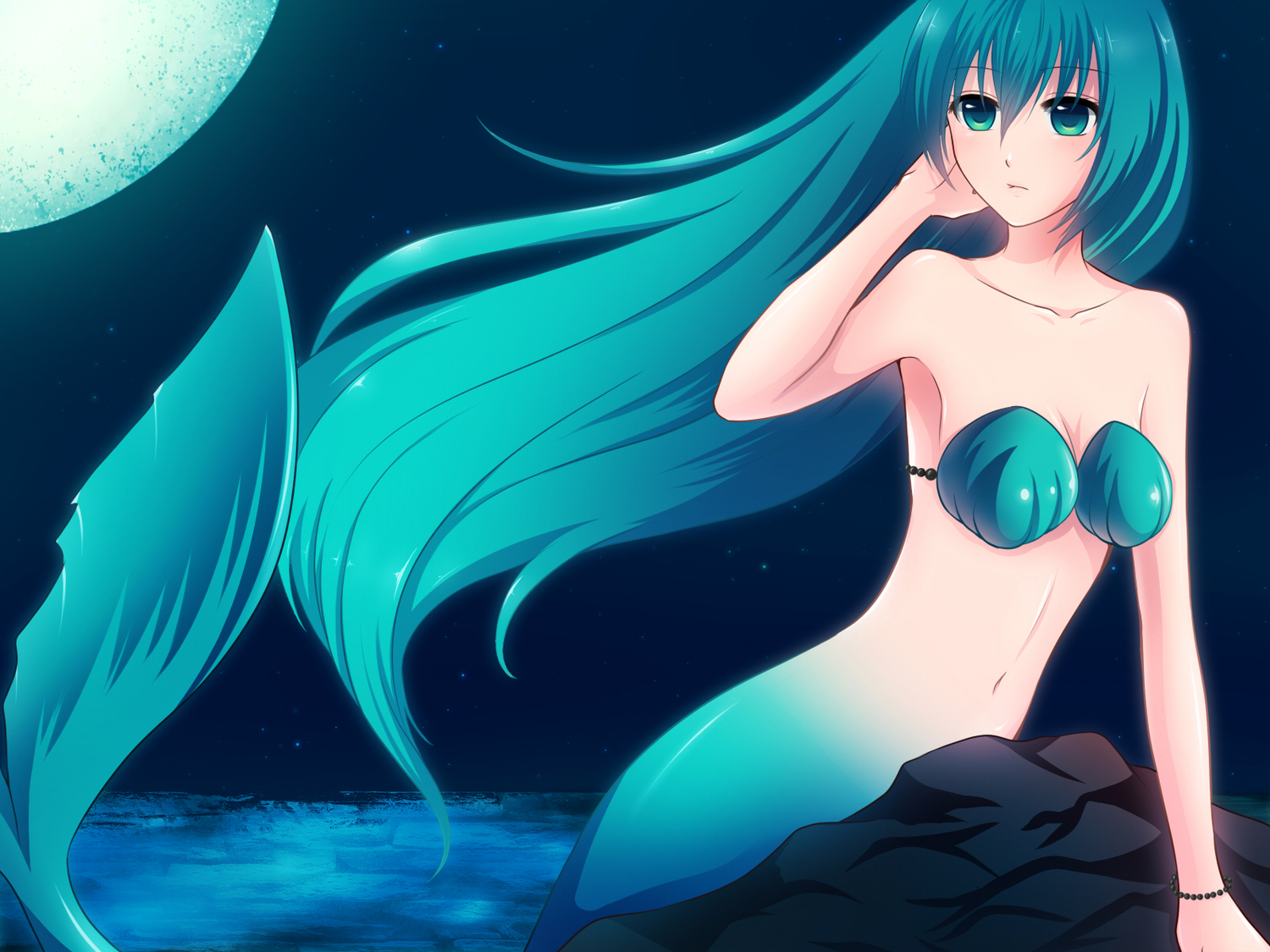 bikini_top, fukufuku, green_eyes, green_hair, hatsune_miku, long_hair, mermaid, moon