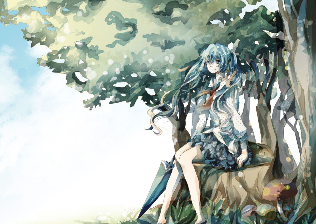 clouds, hatsune_miku, rio_(e2759), tree, umbrella, vocaloid