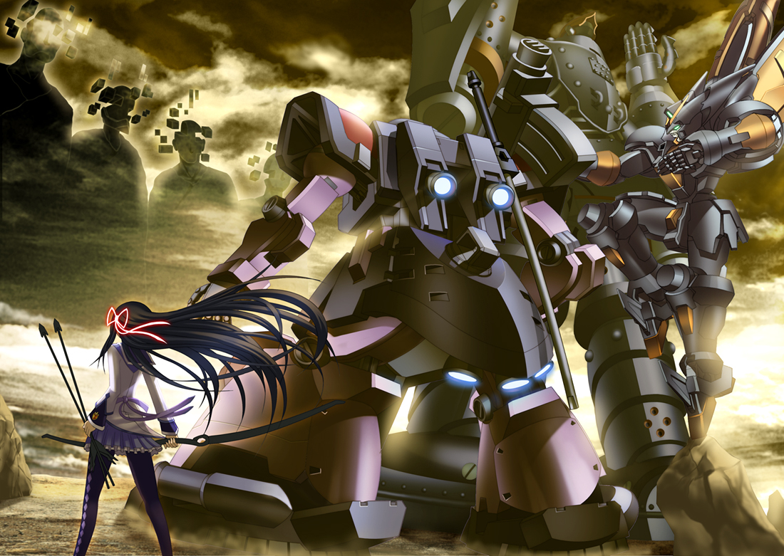 akemi_homura, bow_(weapon), crossover, mahou_shoujo_madoka_magica, mecha, mobile_fighter_g_gundam, mobile_suit_gundam, robot