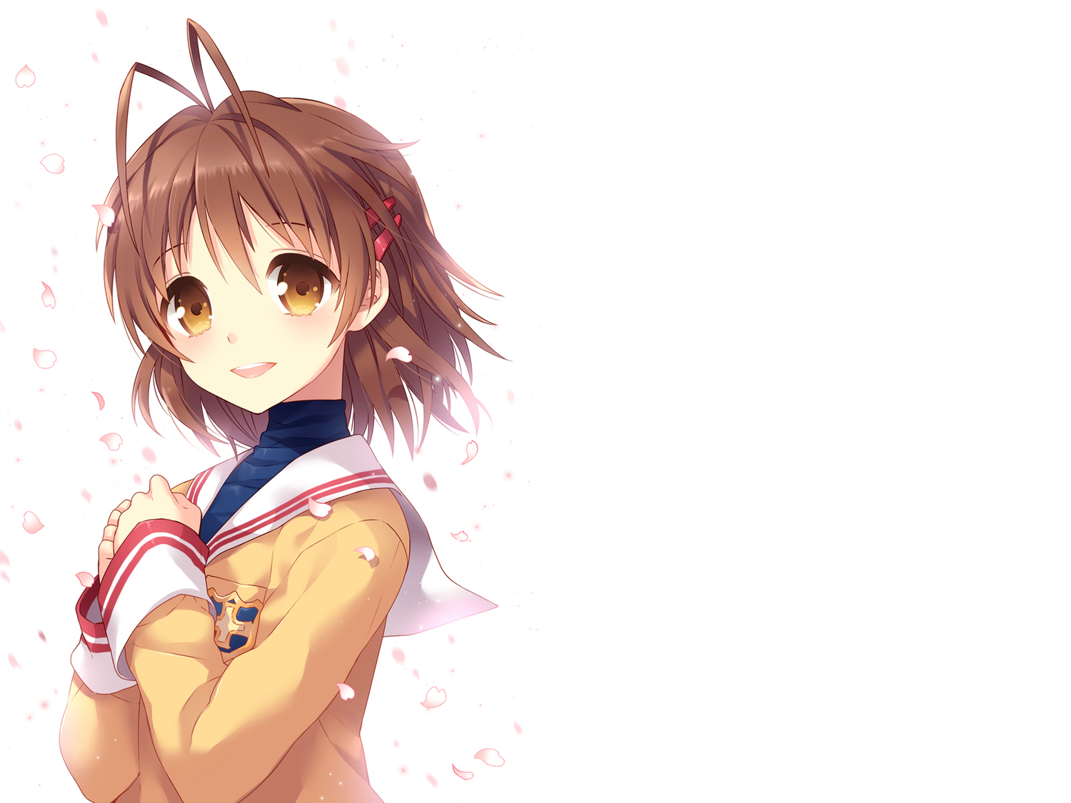 clannad, furukawa_nagisa, nardack, petals, school_uniform, third-party_edit, white