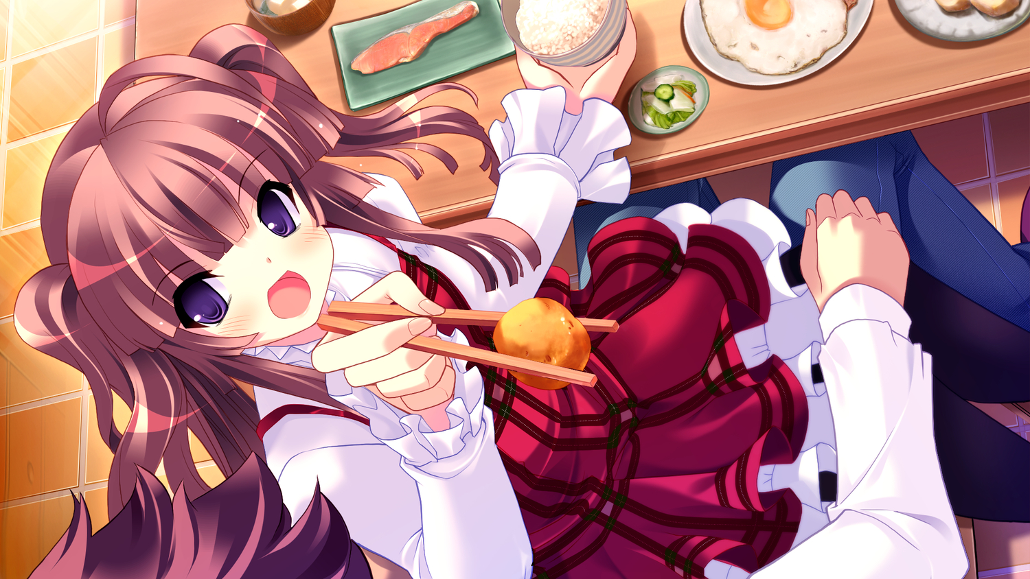 brown_hair, dress, food, game_cg, hinamidori_chiwa, pochi_to_goshujin-sama, purple_eyes, skyfish, tsurugi_hagane