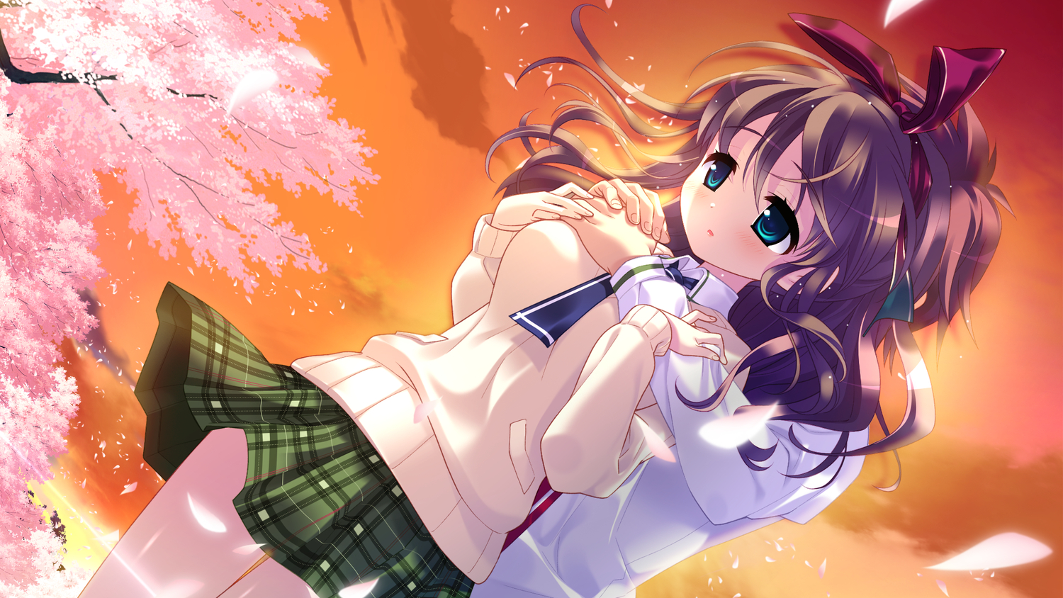 blue_eyes, brown_hair, cherry_blossoms, flowers, game_cg, hamashima_shigeo, hanamadoka_shino, petals
