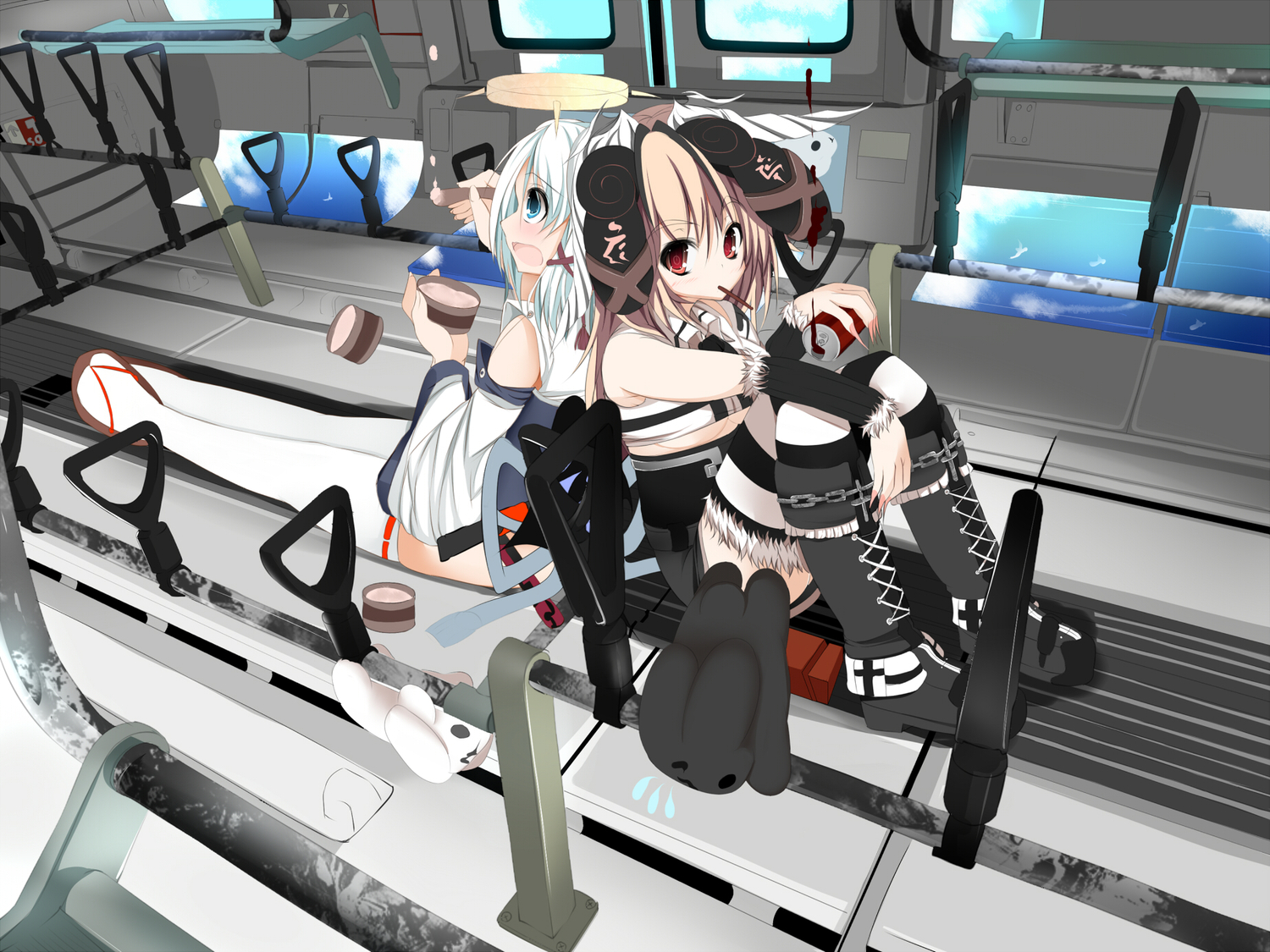 2girls, boots, original, red_eyes, sukage, thighhighs