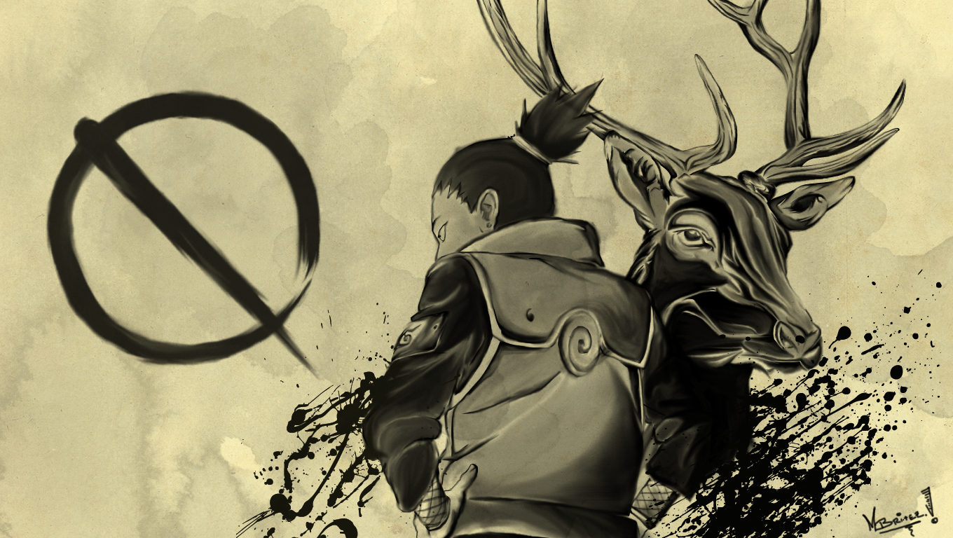 all_male, animal, male, monochrome, nara_shikamaru, naruto, ponytail, signed