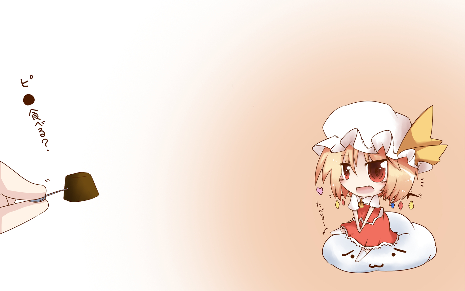 blonde_hair, cat_smile, chibi, dekasudachin, fang, flandre_scarlet, food, gradient, red_eyes, touhou, vampire, wings