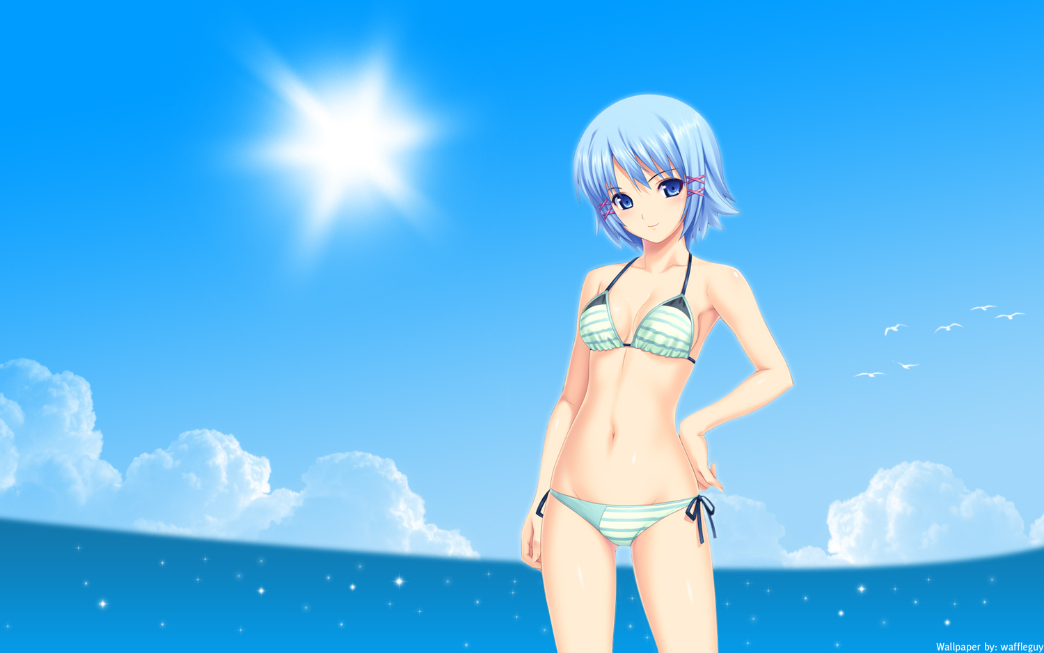 beach, bikini, blue_eyes, blue_hair, himuro_rikka, koutaro, navel, short_hair