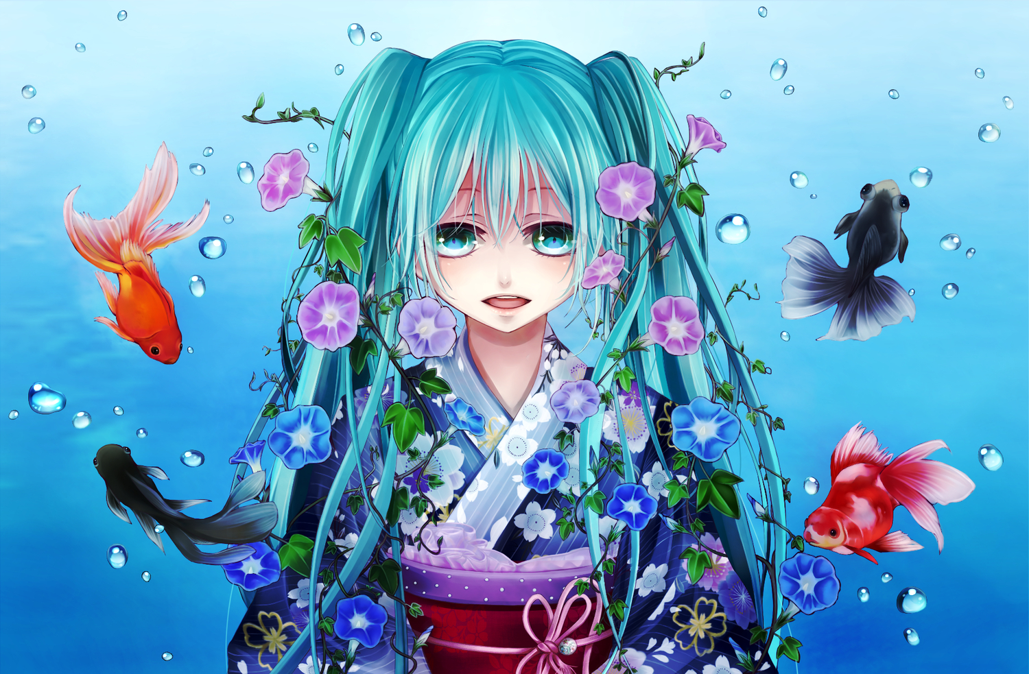 animal, aqua_eyes, aqua_hair, blacksio, fish, flowers, hatsune_miku, japanese_clothes, kimono, long_hair, twintails, vocaloid