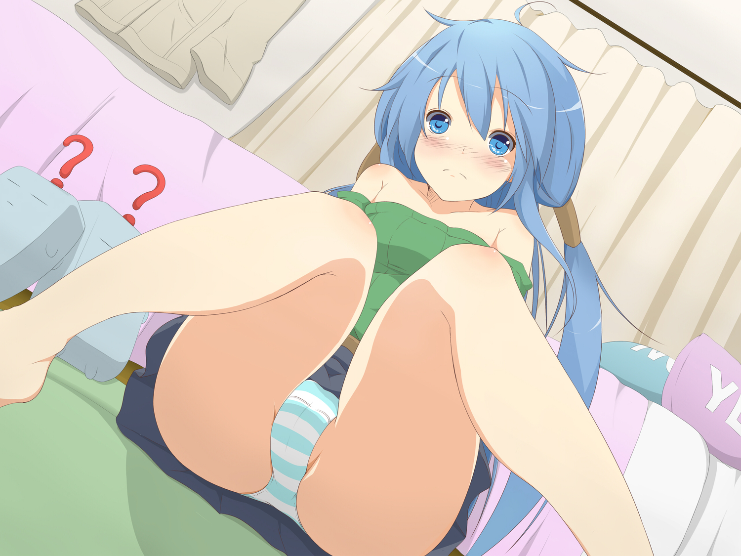 blue_eyes, blue_hair, blush, ichi-jirushi, long_hair, original, panties, striped_panties, tagme, underwear