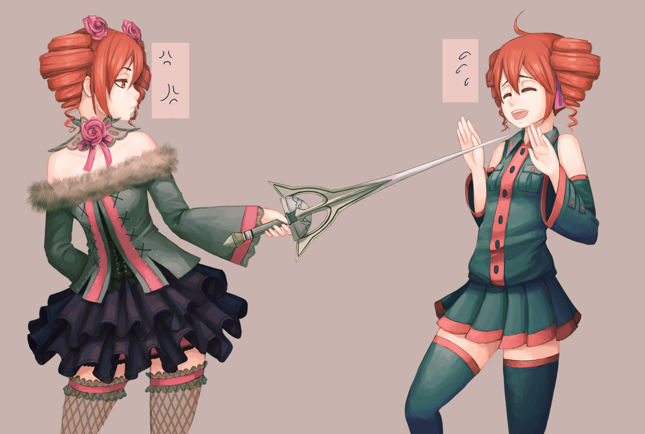advanced-random, amy_sorel, bow, crossover, flowers, kasane_teto, red_eyes, red_hair