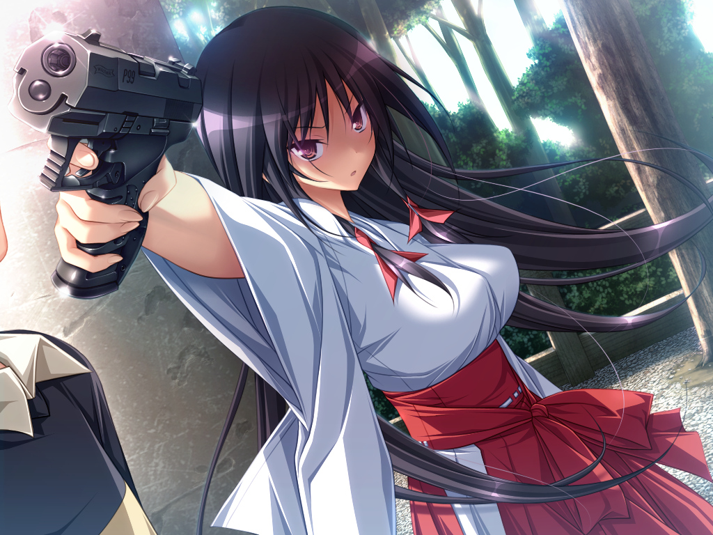 black_hair, brown_eyes, game_cg, gun, japanese_clothes, kasuga_iori, koku, long_hair, miko, mirai_nostalgia, tree, weapon