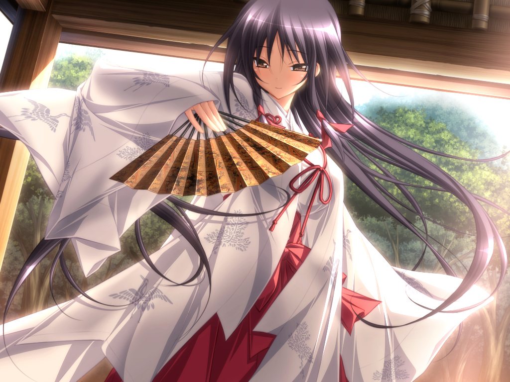 black_hair, brown_eyes, fan, game_cg, japanese_clothes, kasuga_iori, koku, long_hair