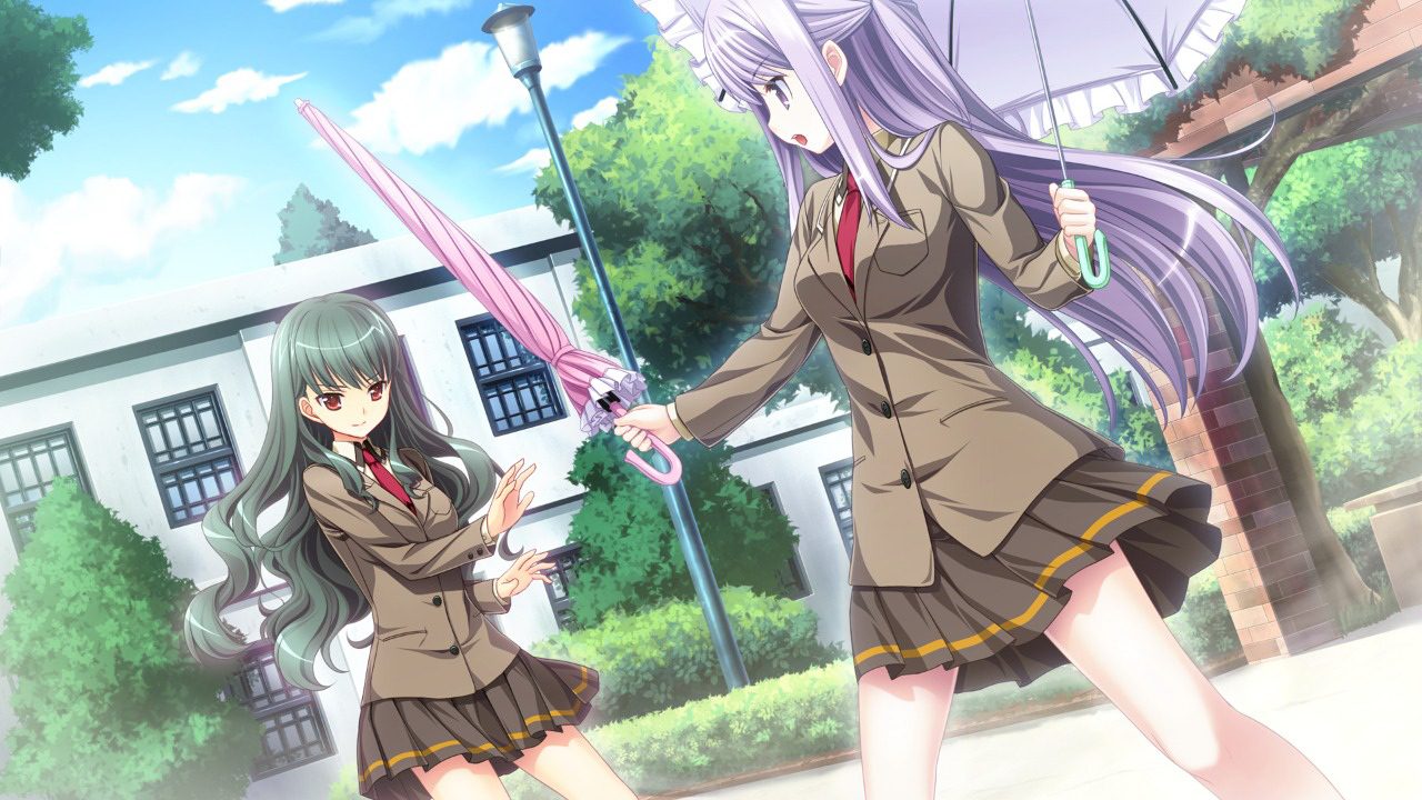 brown_eyes, game_cg, green_hair, hatsukoi_sacrament, purple_eyes, purple_hair, sakaehara_kyouka, tagme_(artist), umbrella, yazaki_hoshimi