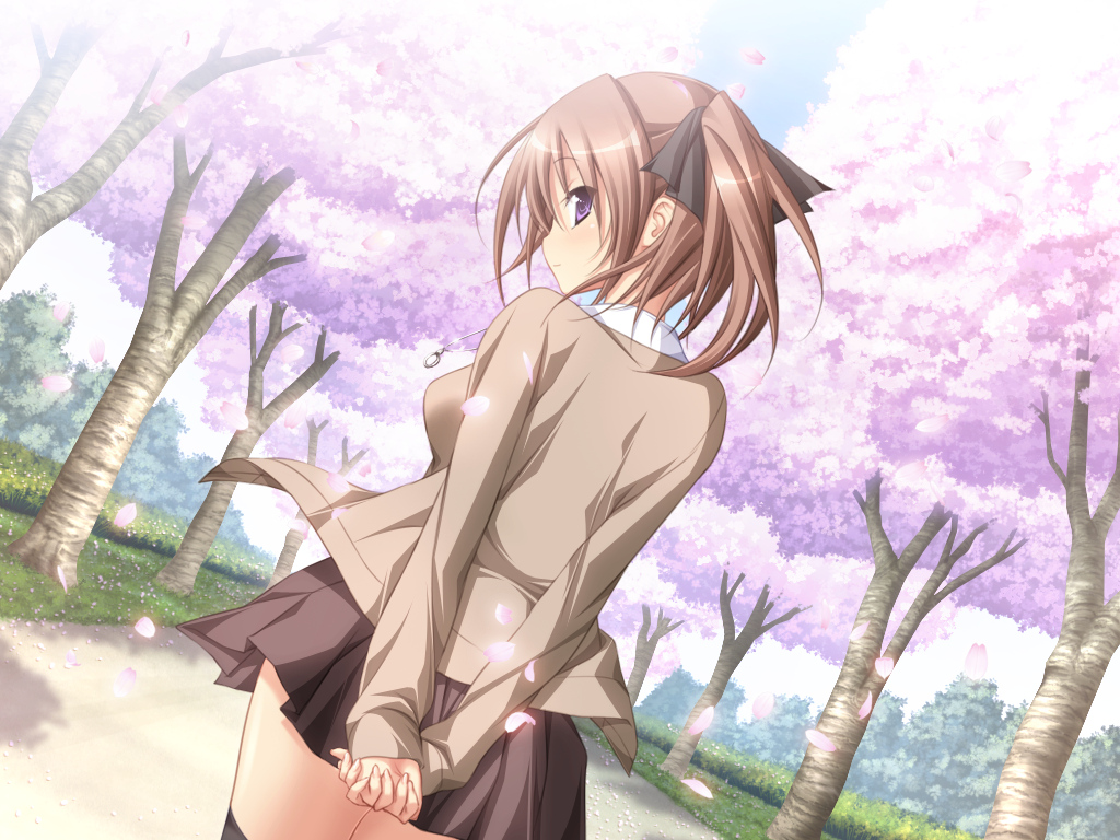 anna_(mirai_nostalgia), brown_hair, game_cg, koku, mirai_nostalgia, purple_eyes, short_hair, skirt, tree