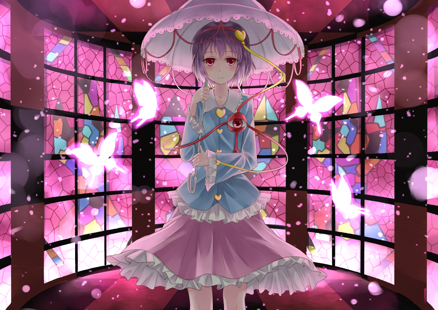 butterfly, kino_(kino_buro), komeiji_satori, purple_hair, red_eyes, skirt, touhou, umbrella