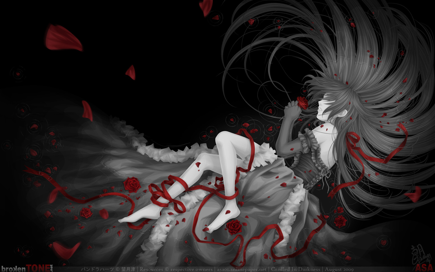 alice_(pandora_hearts), barefoot, black, dark, dress, flowers, gothic, long_hair, pandora_hearts, petals, polychromatic, ribbons, rose, watermark